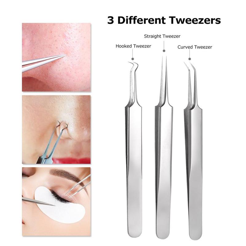 Blackhead Remover Tool, 5 Counts/set Stainless Steel Acne Blackhead Remover Tweezer Set with Storage Box, Suitable for Women and Men