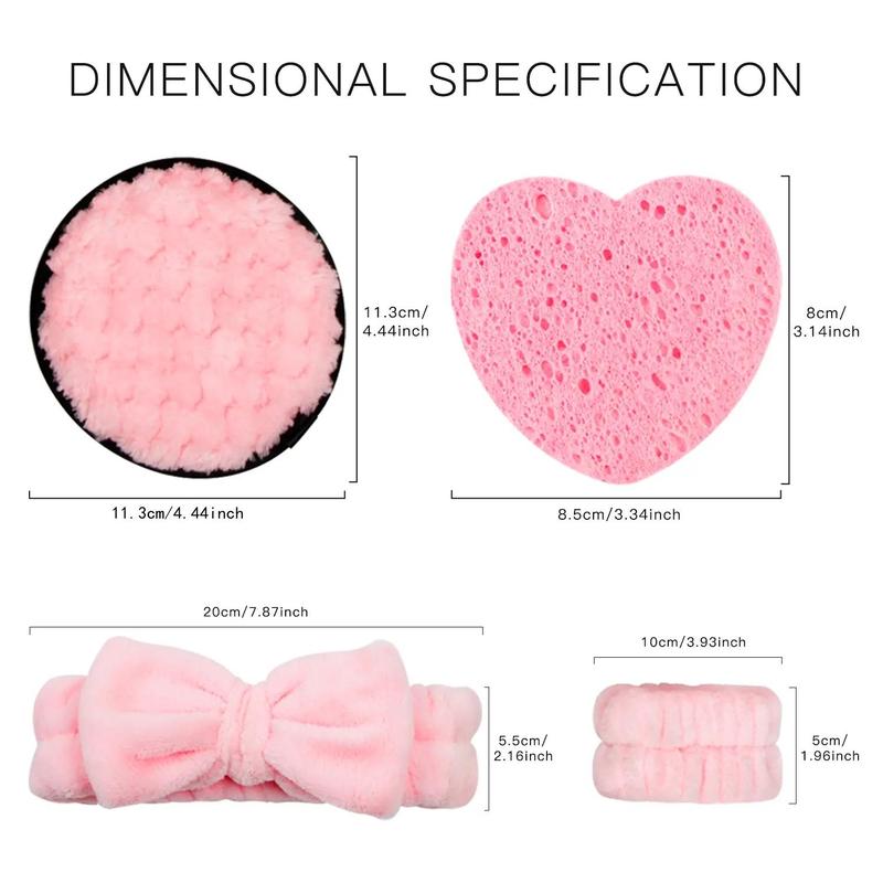 Facial Cleansing Tool Set, Including 1 Facial Cleansing Sponge, 5 Reusable Makeup Puff, 1 Bow Headband & 2 Makeup Wristband, Suitable for Women and Girls