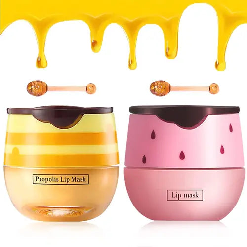 2 PCS Bee Lip Balm Lip Mask Honey Pot, Honey & Strawberry Lip Mask Propolis Moisturizing Lip Balm with Stick - Hydrating Prevention Dry and Cracked Lip Scrubs Exfoliato Lip Wrinkle Care