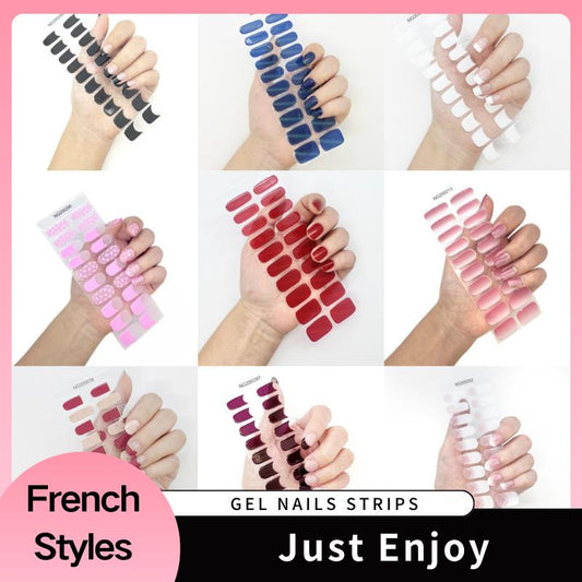 FEVILO French&Shiny Nail Semi-cured GelNail Strips Starter Kit,Durable DrYManicure atHome Nail Art NailCare,Zero Drying Time(UVlamprequired)Long Lasting,EasytoApply&Remove-Inciudes20Pcs,2Prep PadsNail File&WoodenStick,Nonaill injuries