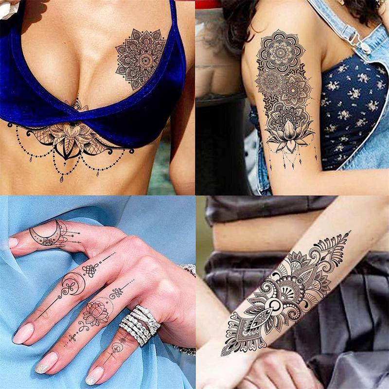 6 Sheets Temporary Tattoo Sticker, Flowers Feathers Animals Body Art Tattoos, Large Arm Tattoo Stickers for Women & Men, Realistic Body Decoration Tattoo for Arms, Neck, Ankle, Legs