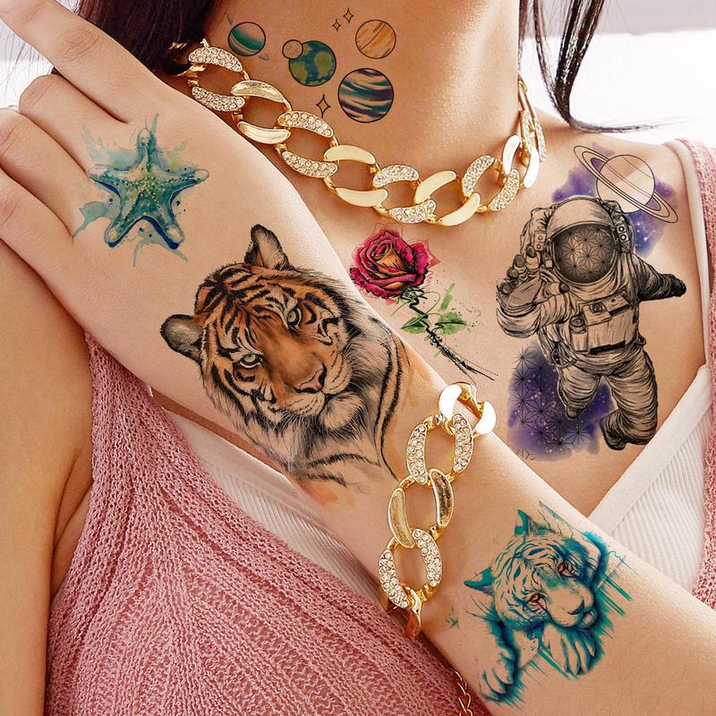 6pcs Lion & Wolf & Astronaut & Flower Pattern Temporary Tattoo, Body Decals for Women and Men