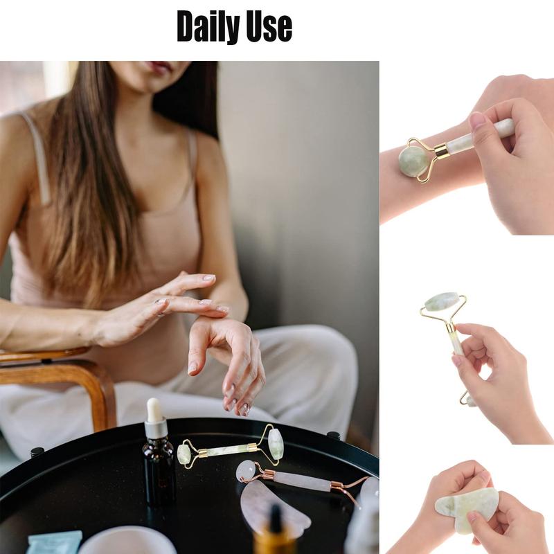 3 in 1 Jade Face Roller, 3pcs/set Gua Sha Massage Kit for Eyes Dark Circles Neck Puffiness Relief, Natural Facial Beauty Jade Stone Massager Roller