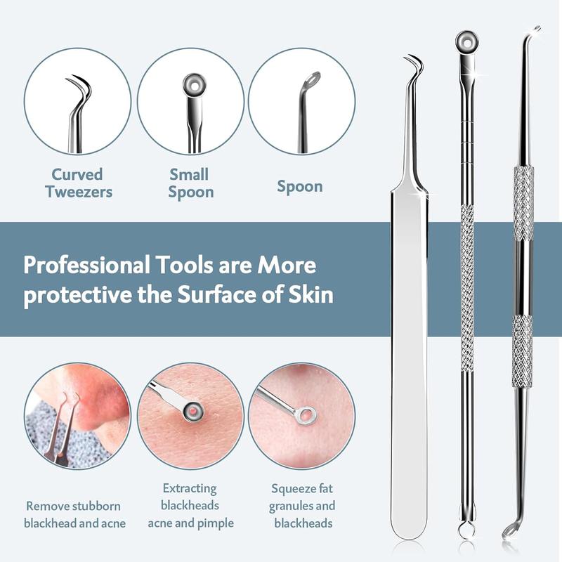 Blackhead Remover Pimple Popper Tool Kit-10 Pcs skin-clearing facial cleansing tools  Zit Popper for Blemish, Pimple Comedone Acne skincare tools for Blackheads, Acnes, Whiteheads, Nose Face with Leather Bag