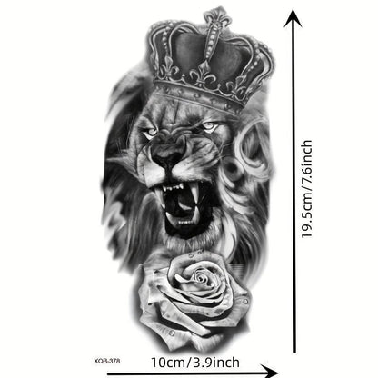 Lion & Crown & Flower Pattern Temporary Tattoo Sticker, 1 Sheet Waterproof Fake Tattoo Sticker, Body Art False Sticker for Women & Men, Realistic Tattoo Sticker for Arms