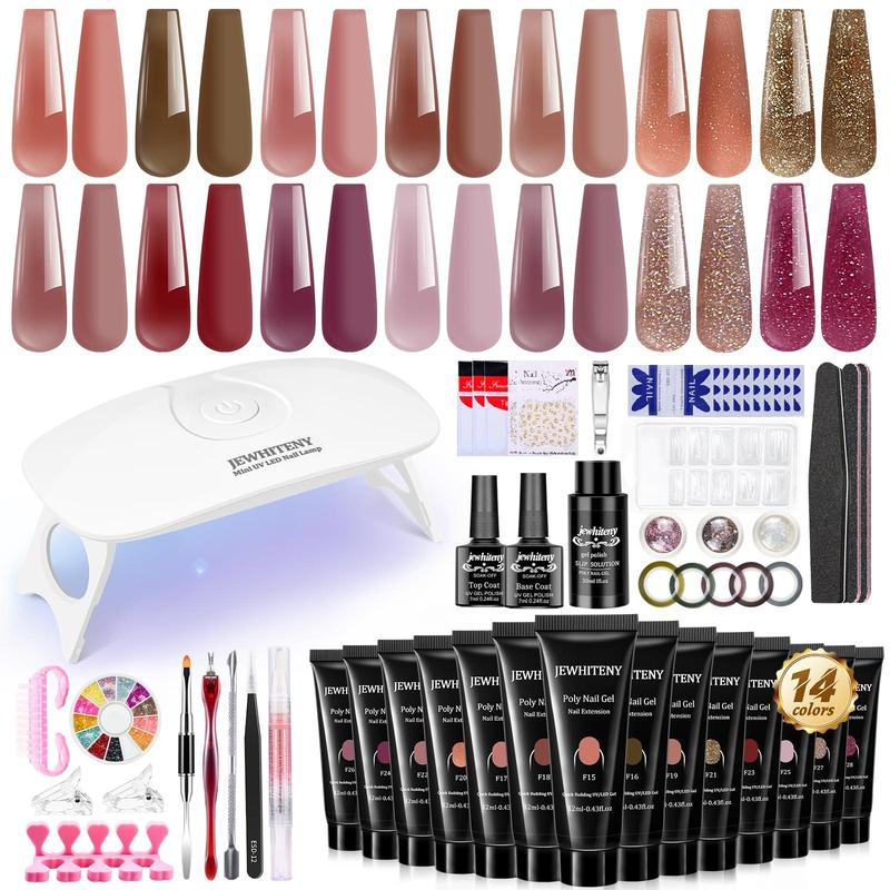 JEWHITENY Poly Gel Nail Kit - Poly Gel Kits 14PCS Professional Poly Gel Nail Extension Set Nail Art Design Beginner Kit All in One Poly Nail Kits DIY at Home for Nail