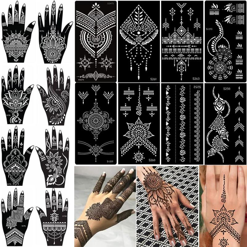 16 Sheets Temporary Henna Tattoo Kit, Reusable Tattoo Stencils Sets Indian Arabian Temporary Tattoo Templates Kit for Body Hand Art