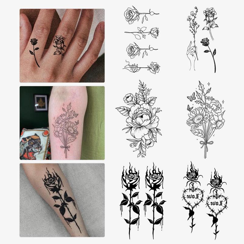 Mixed Size Flower & Heart Pattern Temporary Tattoo Sticker, 6 Sheets Realistic?Body Art Sticker