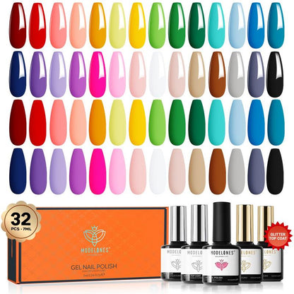 [Weekend Special Offer]Modelones 32 PCS Gel Nail Polish Kit, 28 Colors Gel Polish Set Nail Art with 28 Colors, Glossy & Matte Top Coat, Bond Primer ¨C Perfect DIY Salon-Worthy Manicure