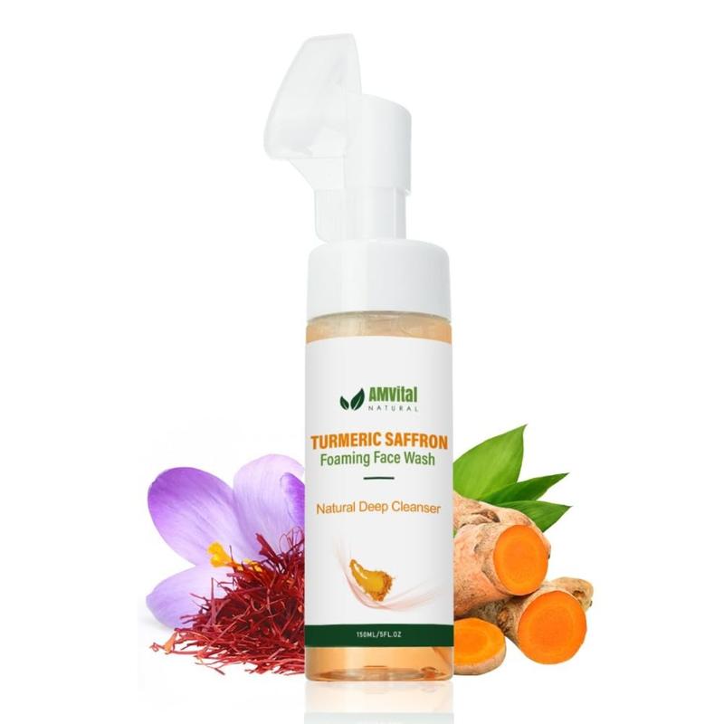 AMVital Turmeric Saffron Foaming Face Wash, Nourished Skin - Gentle Cleansing Moisturizing Cleanser