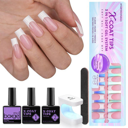 btartboxnails XCOATTIPS French Tip Nails - Long Square Nail Tips with Nail Gel, French Protecing Duo, Nail Lamp, All in One Soft Gel French Tip Press on Nails Gel Extension Valentines Day Gifts