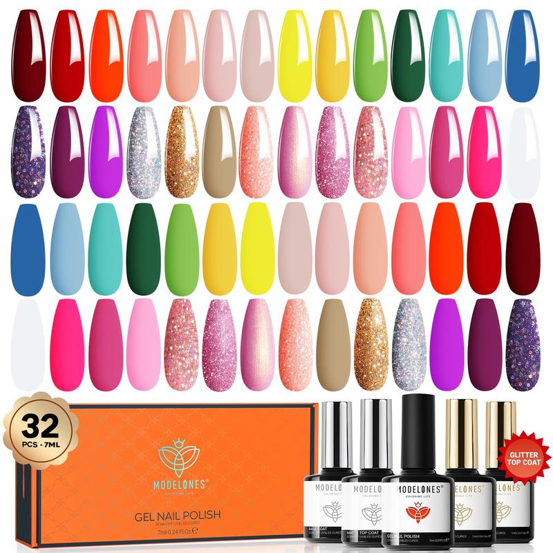 [Weekend Special Offer]Modelones 32 PCS Gel Nail Polish Kit, 28 Colors Gel Polish Set Nail Art with 28 Colors, Glossy & Matte Top Coat, Bond Primer ¨C Perfect DIY Salon-Worthy Manicure