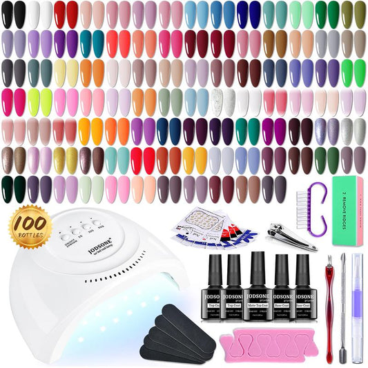 JODSONE 100 Bottles of Gel Nail Polish Kit with U V Led Light 95 Multiple Glossy Glitter Colors Mint Green Light Pink Nail Gel Base Coat Glossy and Matte Top Coat Gel Polish Kit for Mother's day gifts