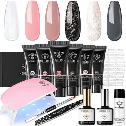 Modelones 13Pcs Poly Nail Extension Gel Kit, 6 Colors 15g Builder Extension Gel with Mini Nail Lamp brush Slip Solution Rhinestone Nail Manicure All-in-One Kit French Nail Beginner Kit birthday Gift nail care home DIY gel-x 2024 new gelx