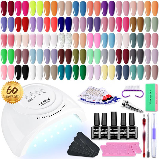 JODSONE 60 PCS Gel Nail Polish Kit with U V Light Base and Matte Glossy Top Coat Nail Gel Polish Soak off Manicure Accessory Tools Suitable for All Seasons