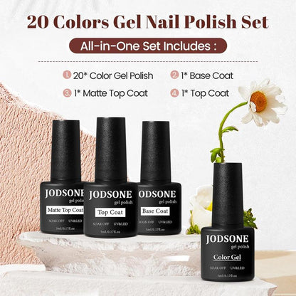 JODSONE Gel Nail Set 20 Colors High Shine Gorgeous Gel Polish Base Top Matte Coat Nice Gifts Show Charm