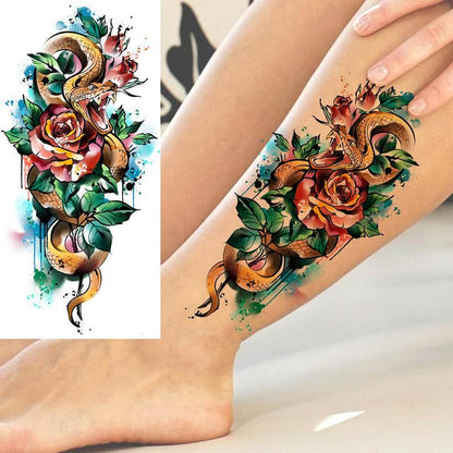 Snake & Flower Pattern Fake Tattoo Sticker (1 Piece), Watercolor Temporary Tattoo Decal for Women & Girls, Waterproof Body Art Sticker for Arm Legs