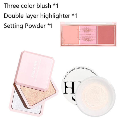 Long-lasting Powder Blush Set, Including 1 Count Double-layer Highlighter Powder & 1 Count Three-color Blush Powder & 1 Count Loose Powder, Long-lasting Makeup Set for Women