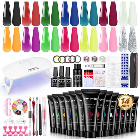 JEWHITENY 14 Colors Poly Nail Gel Kit With U V Light Poly Extension Gel Nail Kit All In One Poly Gel Set With Slip Solution Complete Manicure Tools All In One for Gift For Women Mother's day gifts