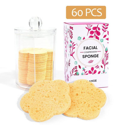 Flower Shaped Compressed Sponges, 60pcs/set Natural Cellulose Facial Cleaning Sponges with Organizer, Professional Sponges for Face Washing, Massaging, Pores Exfoliating & Makeup Removal