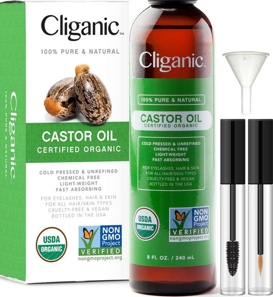 Cliganic USDA Organic Castor Oil, Pure (8oz with Eyelash Kit) - For Eyelashes, Eyebrows, Hair & Skin |Cold Pressed Unrefined Hexane-Free