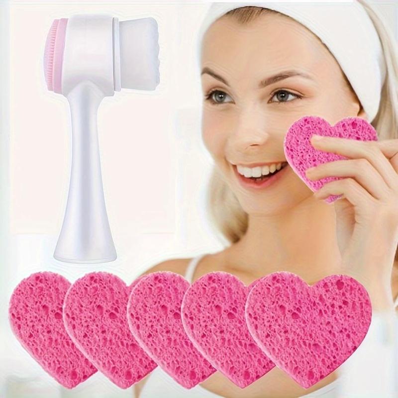 Facial Cleaning Tool Set, 6 Counts/set Heart Shape Double-sided Face Wash Sponge & Face Brush, Makeup Removal Tool, Face Wash Tool