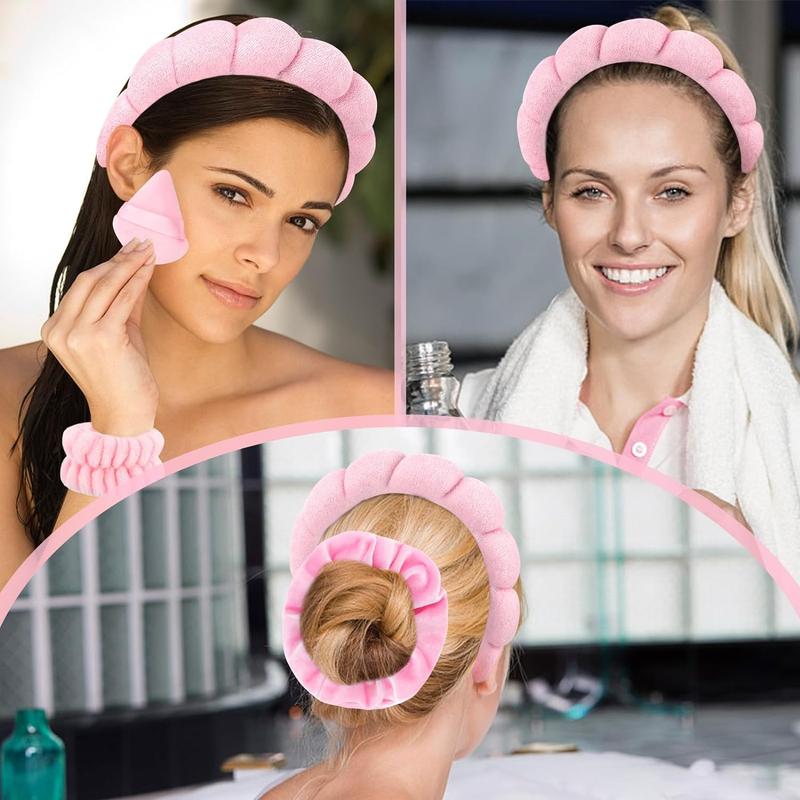 Solid Color Soft Makeup Powder Puff & Wristband & Headband Set, 7pcs Face Washing Hair Band Set, Fashion Hair Accessories for Women