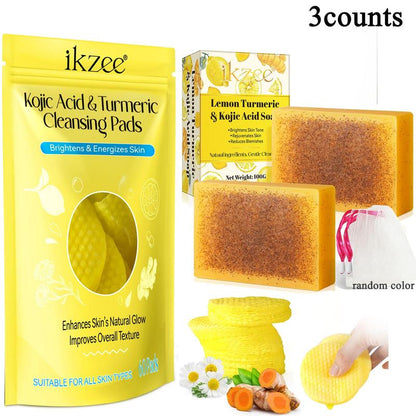 Kojic Acid & Turmeric Cleansing Pads & Facial Brightening Soap Set, 2 Counts Natural Ingredient Gentle Cleansing Soap & 60pcs Cleansing Pads, Skin Care Product for Face & Body, Skincare Products,?Back To School