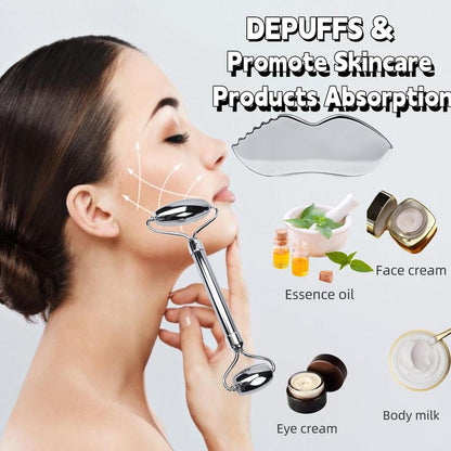 Stainless Steel Gua Sha & Face Roller, 2 Counts/set Facial Massage Tool, Gua Sha Facial Tool Kit, Beauty Skin Care Tool Set