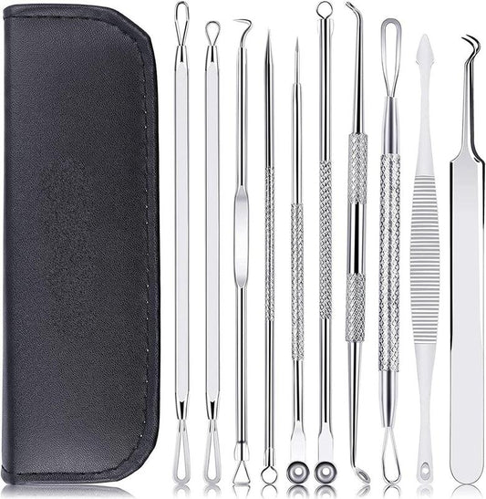 Blackhead Remover Pimple Popper Tool Kit-10 Pcs skin-clearing facial cleansing tools  Zit Popper for Blemish, Pimple Comedone Acne skincare tools for Blackheads, Acnes, Whiteheads, Nose Face with Leather Bag