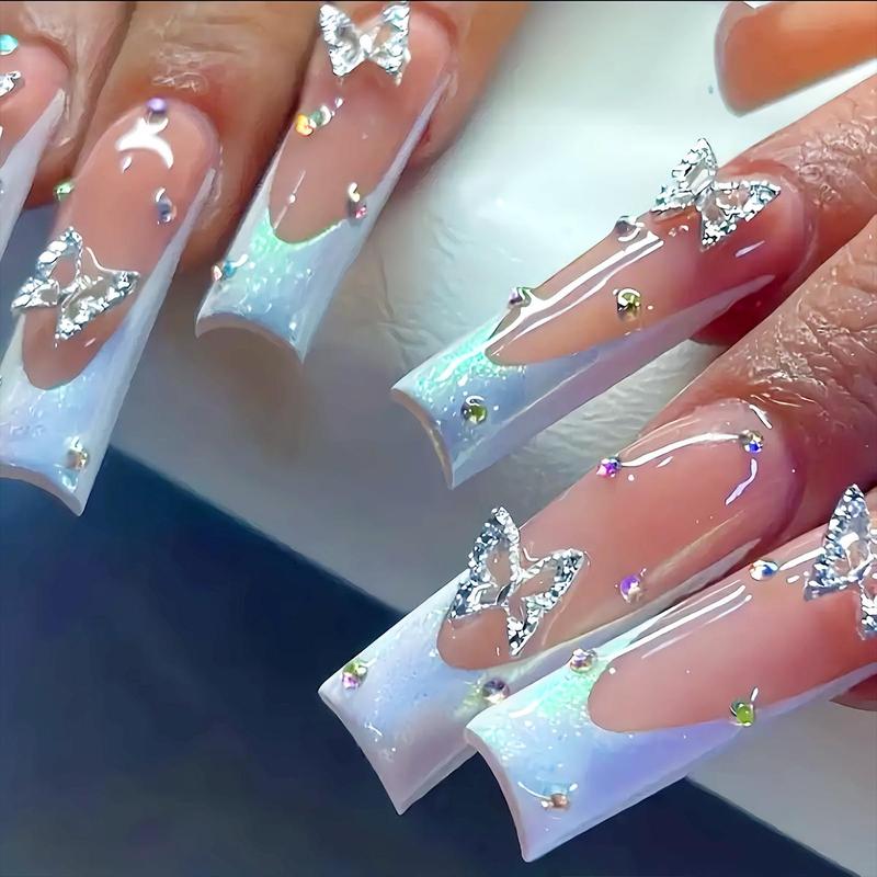 Party Makeup, 24pcs Stylish 3D Butterfly Rhinestone Press On Nails for Girls, Minimalist Full Cover Fake Nails£¬Bubble bath square round nail£¬Hello love press nails£¬Strawberry peach butterfly spring wear nail