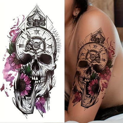 Skull & Flower Pattern Temporary Tattoo Sticker, 1 Sheet Halloween Themed Waterproof Temporary Tattoo Stickers, Body Art Decoration for Party