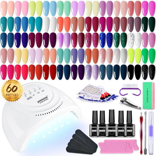 JODSONE Gel Nail Polish Kit 60 PCS with U V Light Base Top Coat 55 Shine Colors Bright and Dark Series Manicure Set