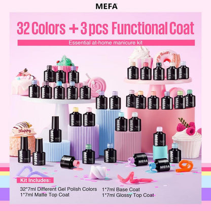 MEFA 35 Pcs Pastel Gel Nail Polish Set, 32 Colors Spring Collection Gel Nail Polish Kit with Base Coat No Wipe Glossy&Matte Top Coat Pink Green Nail Art Manicure DIY Salon Home Gifts for Women Girls