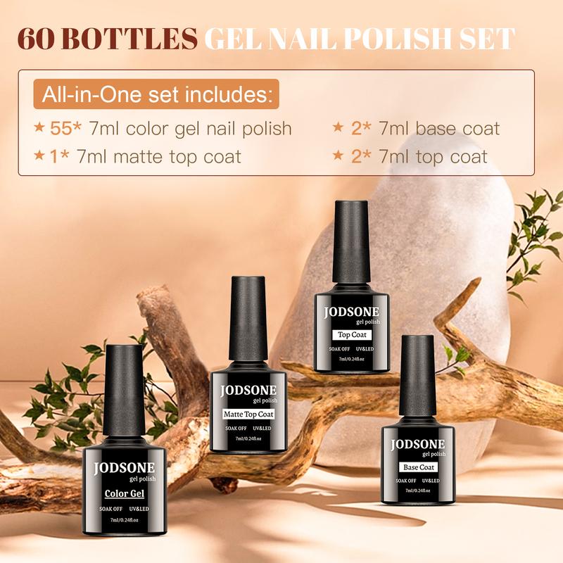 JODSONE 60 PCS Gel Nail Polish Starter Kit 55 Color Combination of Light and Dark Colors Emerald Green Klein Blue Soak off No Wipe Base Coat Matte and Glossy Top Coat Nail Gel Kit for Mother's day gifts