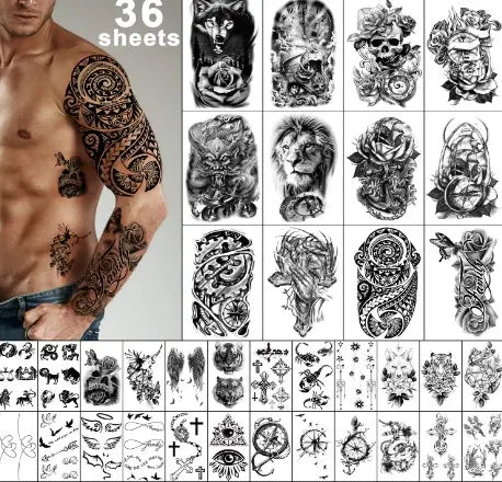 36 Sheets Temporary Tattoos Stickers, 12 Sheets Fake Body Arm Chest Shoulder Tattoos for Men or Women with 24 Sheets Tiny Black