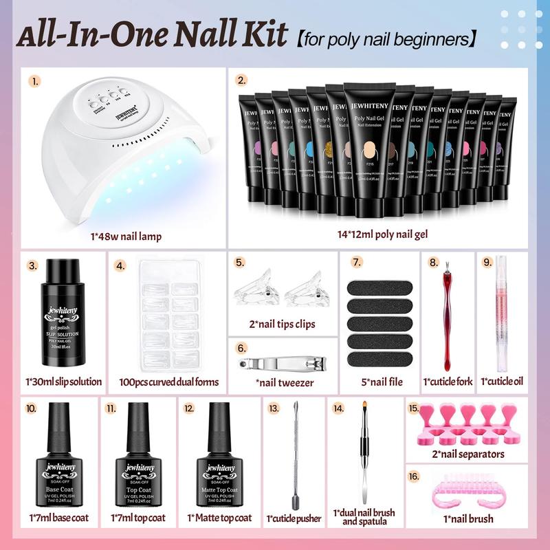 JEWHITENY 14 Colors Poly Gel Nail Kit Nude pink Blue yellow Glitter All In One Polygel Nail Kit Starter Kit Polygel Nail Kit With U V Lamp Base Top Coat Gift for Women