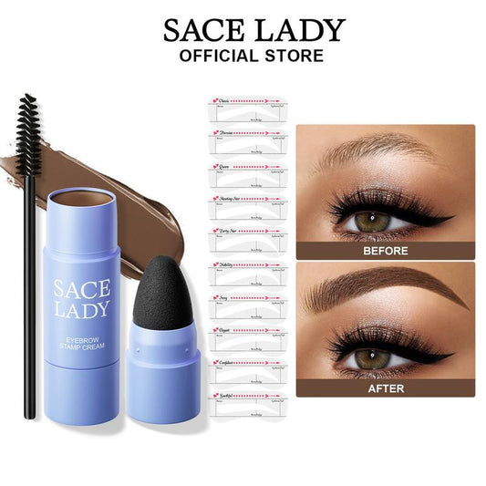 SACE LADY Long Lasting Eyebrow Stamp Cream Set Waterproof Tattoo Brow Corrector with Brush and 10 Reusable Eye Stencils Natural Eyebrow Stamp Shaping Stick 0.07Oz