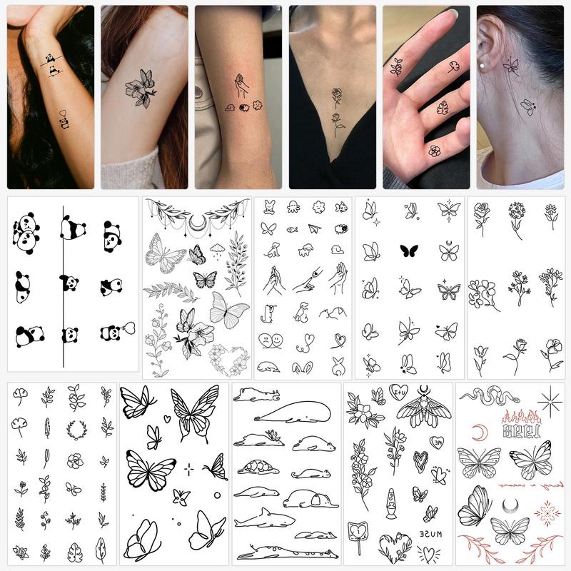 Mix Styles Temporary Tattoo Stickers, 10pcs/set Cartoon Animal & Flower Patterns Tattoo Sticker for Women & Men, Body Art Fact Art Stickers for Face Arm Neck