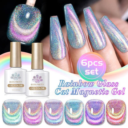 BORN PRETTY Rainbow Glass Cat Eye Magnetic Gel Polish 6 Colors Nails Art Set With Magnetic Stick Need UV Light