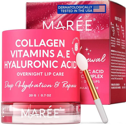 MAREE Lip Mask - Overnight Collagen Lip Scrub with Hyaluronic Acid & Coconut Oil to Nourish & Hydrate Dry Cracked Lips - Moisturizer for Care & Treatment with Shea & Cocoa Butters - Sleeping Lip Balm Lip Balm Cracked Lips