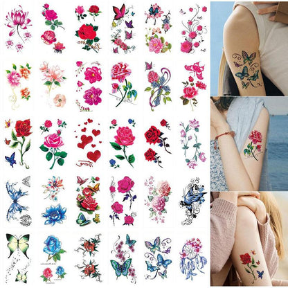 Rose Flower Butterfly Pattern Temporary Tattoo Sticker, 30pcs/set Colorful Long Lasting Fake Tattoo Sticker, Body Art Sticker for Women & Girls