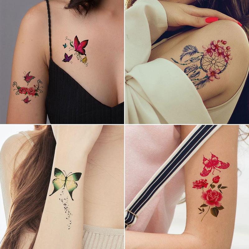 Rose Flower Butterfly Pattern Temporary Tattoo Sticker, 30pcs/set Colorful Long Lasting Fake Tattoo Sticker, Body Art Sticker for Women & Girls