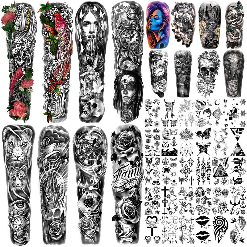 46 Sheets Full Arm Temporary Tattoos For Men and Women(L22.8"xW7"), Lion Dragon Clock Flower Skeleton Scorpion Tattoos for Teens, Forearm Shoulder Temp Waterproof Fake Tattoo Stickers