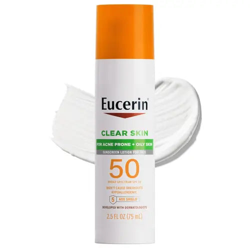 Eucerin Sun Clear Skin SPF 50 Face Sunscreen Lotion, Hypoallergenic, Fragrance Free Sunscreen SPF 50 with Oil-Absorbing Minerals, 2.5 Fl Oz Bottle