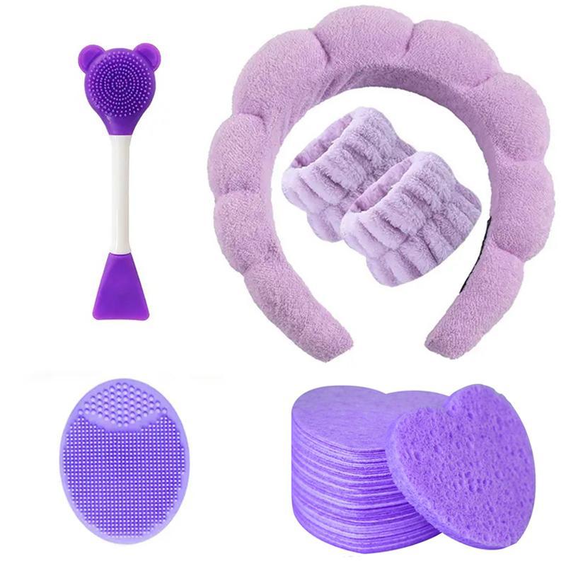 Face Cleaning Tool Set, Facial Cleansing Kit Including Heart Shaped Sponge & Face Washing Wristband & Headband & Facial Cleansing Brush, Cleaning Makeup Brushes