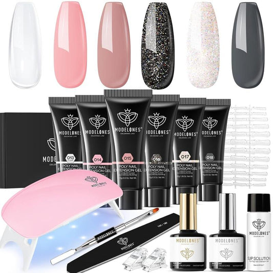 [New Product Sale]Modelones Poly Gel Nail Kit - 6 Colors Poly Nails Extension Gel Kit Nude Clear Black Pink Complete Starter Kit with Nail Lamp for Beginner Salon at Home