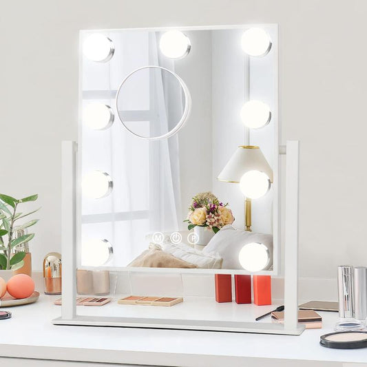 Decor Mirror with Lights Hollywood Cosmetic Mirror with 9 Dimmable LED Bulbs for Dressing Room Tabletop, 3 Color Lighting, Detachable 10X Magnification Mirror, White