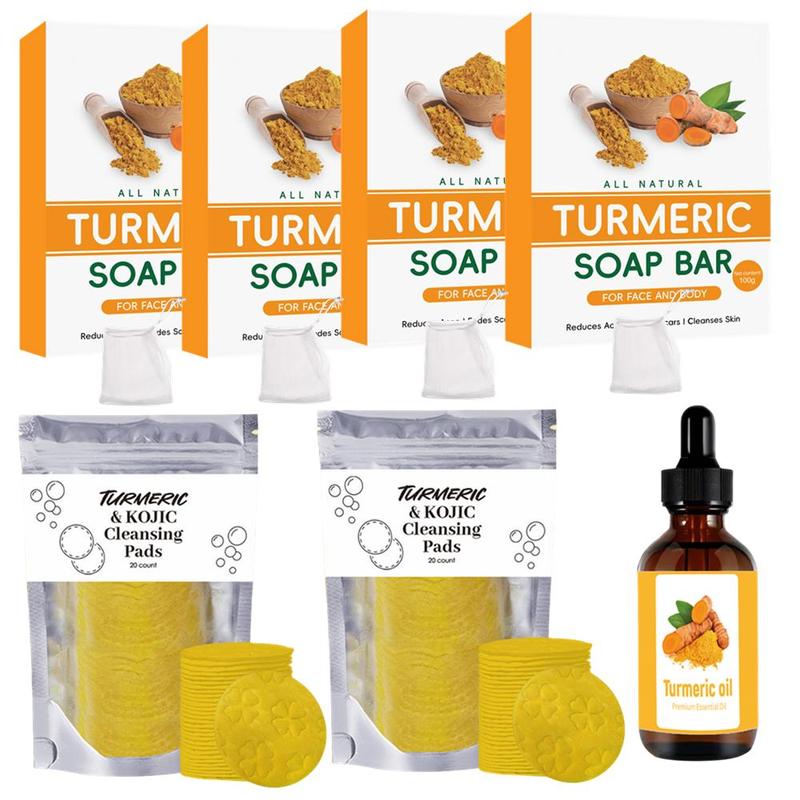 Turmeric Soap Bar & Turmeric Essential Oil & Turmeric Kojic Cleansing Pads Skincare Set, Summer Gift Lemon Kojic Acid Soap, Skin Cleanser Pads Kit