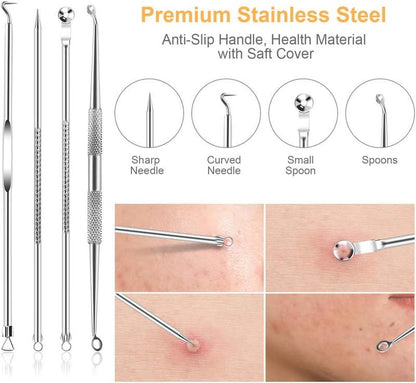 9 PCS Blackhead Remover Tools with Tweezers, 16-Heads Professional Acne Zit Pimple Popper Extraction Tools